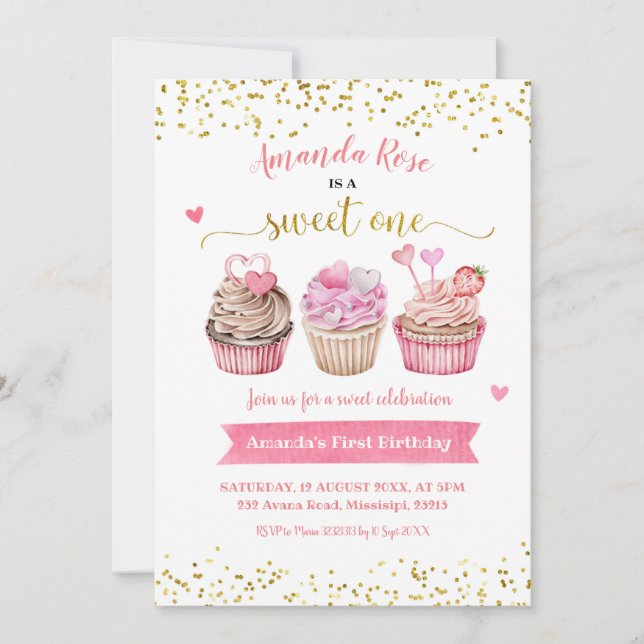 Rosa Sweet One Girl Birthday Einladung (Vorderseite)