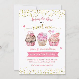 Rosa Sweet One Girl Birthday Einladung