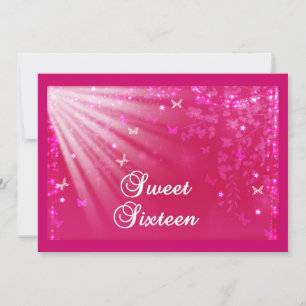 Rosa Sweet Sixteen Schmetterlinge & Sterne Einladung