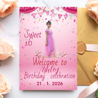 Rosa Sweet Sixteen Willkommensschild, Foto Einladungspostkarte