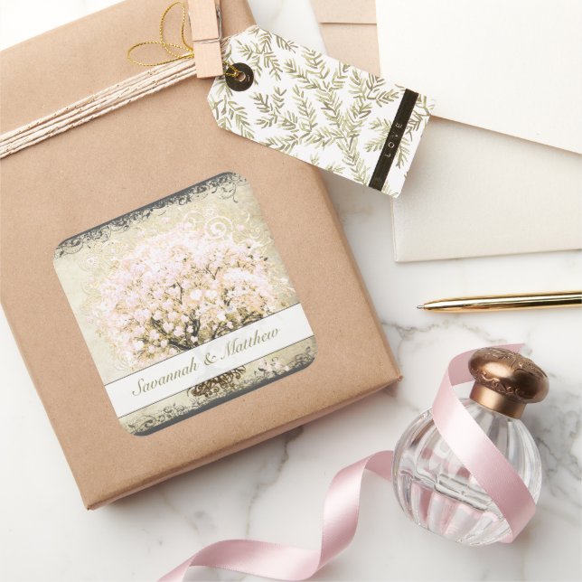 Rosa Swirl Herzleder Tree Hochzeitsstich Siegel Quadratischer Aufkleber (Schenken)