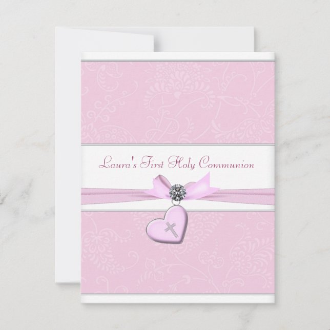 Rosa Swirl Herzrosa Kreuz Erste Kommune Einladung (Vorderseite)