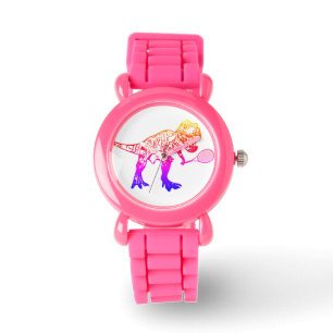 Rosa T-Rex Dinosaurier mit Tennisschläger Armbanduhr