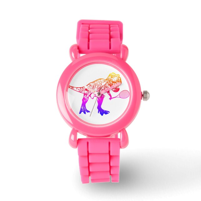 Rosa T-Rex Dinosaurier mit Tennisschläger Armbanduhr (Vorderseite)