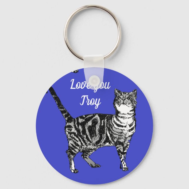 Rosa Tabby Katzen Navy Blue Mans Name Schlüsselrin Schlüsselanhänger (Vorderseite)