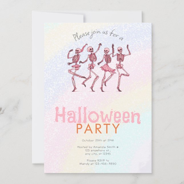 Rosa tanzende Skelette Rainbow Halloween-Party Einladung (Vorderseite)