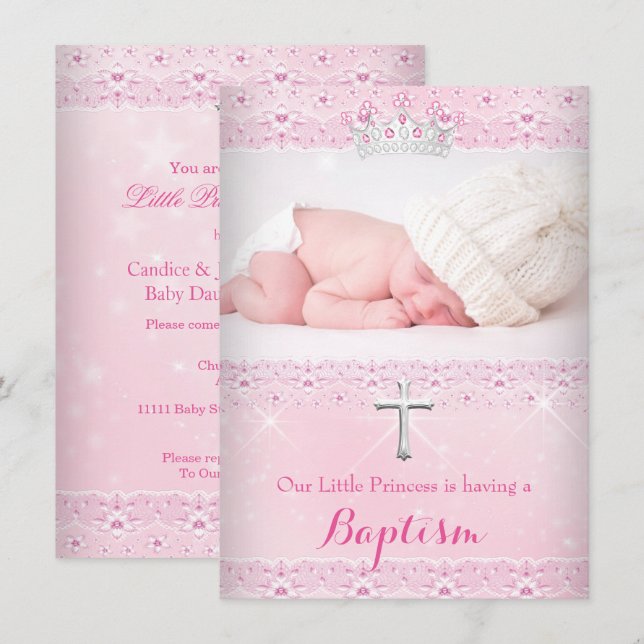 Rosa Taufe Baby Foto Girl Tiara Einladung (Vorne/Hinten)