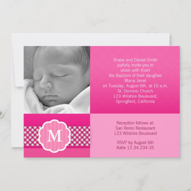 Rosa Taufe Baby Girl Monogram Einladung (Vorderseite)