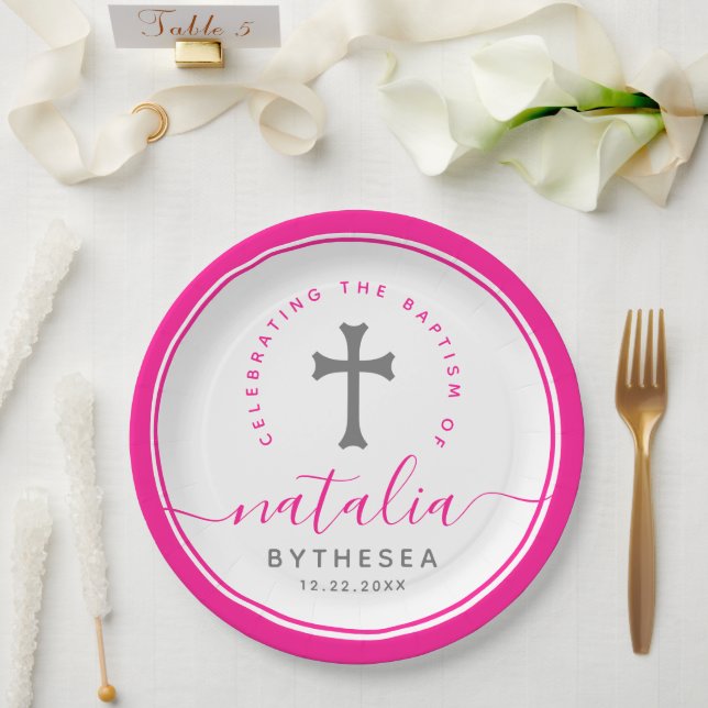 Rosa Taufe Christening Naming Cross Pappteller (Hochzeit)