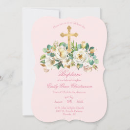 Rosa Taufe mit weißen Blume und Goldkreuz Einladung