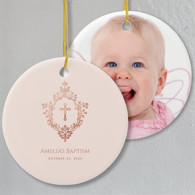 Rosa Taufkreuz in Wappen Rose Gold Girl Foto Keramik Ornament (Von Creator hochgeladen)