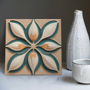 Rosa Teal Tulpen Symmetrische Art Deco Fliese