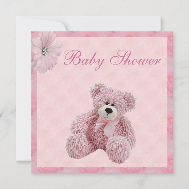 Rosa Teddy-Bärn-u. des Blumen-Mädchens Baby-Dusche Einladung (Vorderseite)