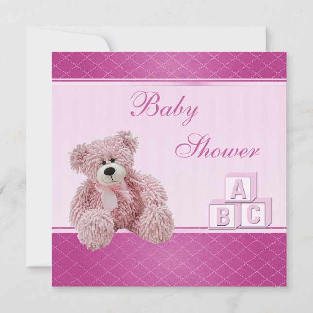 Rosa Teddy-u. Gebäude-Block-Baby-Mädchen-Dusche Einladung (Vorderseite)