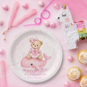 Rosa Teddybär auf Wal Mädchen Baby-Party Pappteller