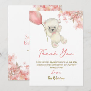 Rosa Teddybär-Baby-Party   Florale Babymädchen Dankeskarte