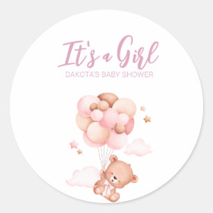 Rosa Teddybär-Ballon-Baby-Party Runder Aufkleber