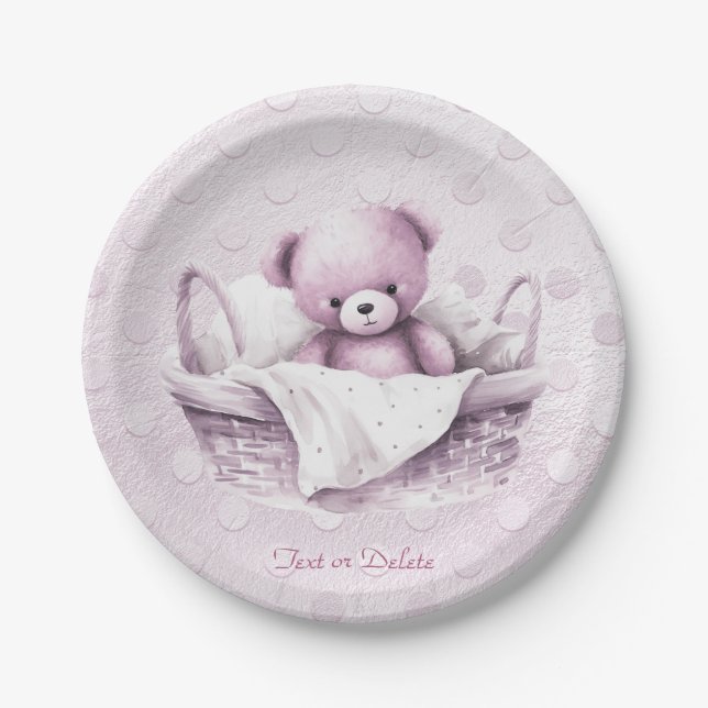Rosa Teddybär in Korbpapier-Platte Pappteller (Vorderseite)