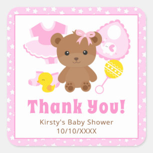 Rosa Teddybär-Kleidung für Mädchen Baby-Party Quadratischer Aufkleber