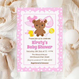 Rosa Teddybär-Kleidung für Mädchen Babyparty Einladung