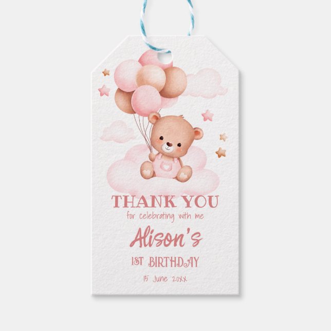 Rosa Teddybär mit Ballons auf Wolken, Sondername Geschenkanhänger (Vorderseite)