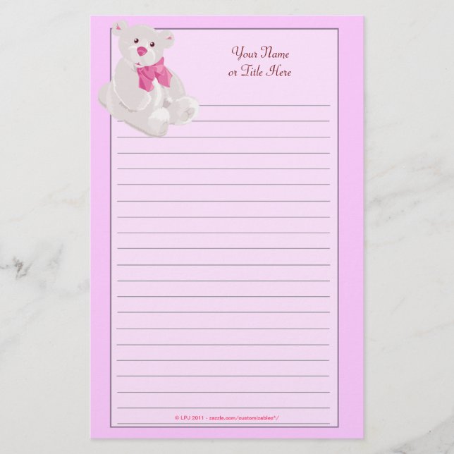 Rosa Teddybear gezeichnetes Briefpapier (Vorderseite)