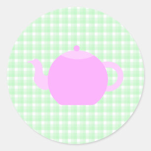 Rosa Teekanne Design auf grünem Karo. Runder Aufkleber