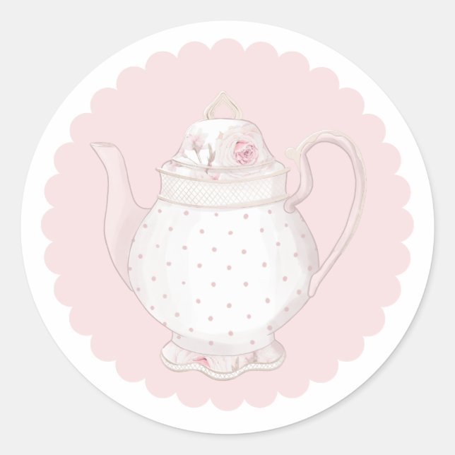 Rosa Teekanne Klassischer Rundsticker Runder Aufkleber (Vorderseite)