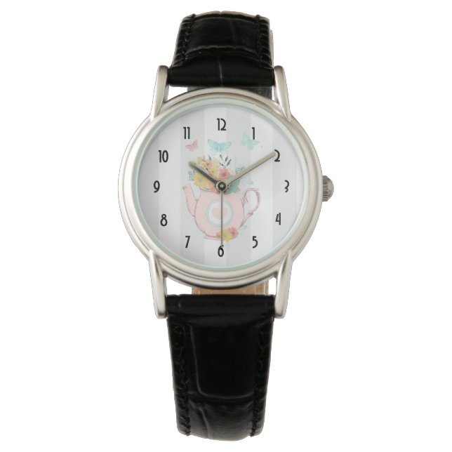 Rosa Teekanne mit Blume und Schmetterlingen Armbanduhr (Vorderseite)
