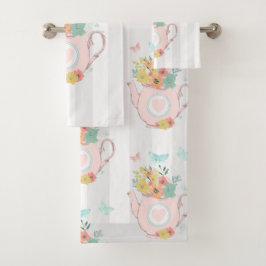 Rosa Teekanne mit Blume und Schmetterlingen Badhandtuch Set