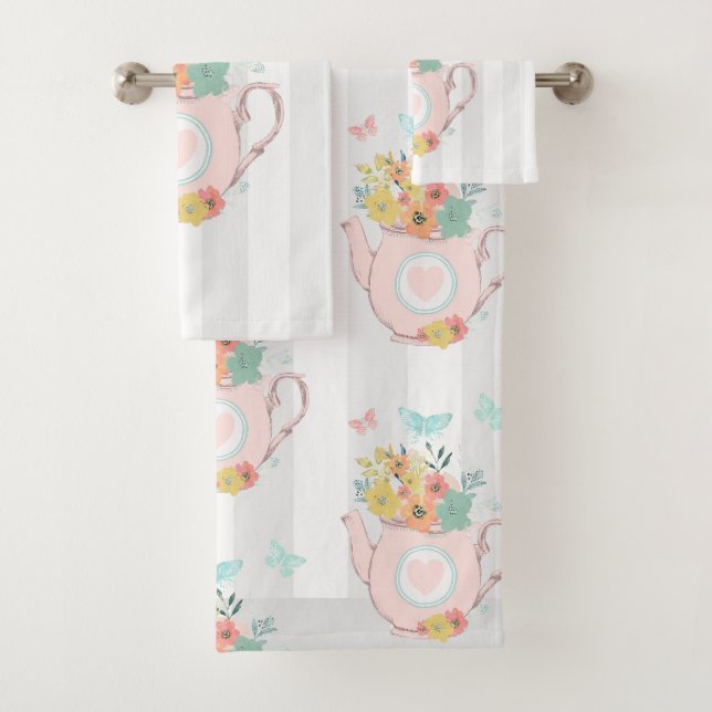 Rosa Teekanne mit Blume und Schmetterlingen Badhandtuch Set (Insitu)