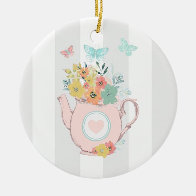 Rosa Teekanne mit Blume und Schmetterlingen Keramik Ornament (Vorne)
