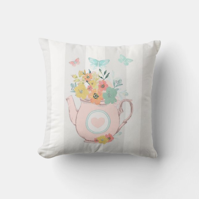 Rosa Teekanne mit Blume und Schmetterlingen Kissen (Vorderseite)