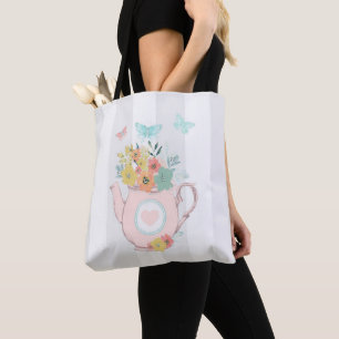 Rosa Teekanne mit Blume und Schmetterlingen Tasche