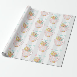 Rosa Teekanne mit Blume und Schmetterlingsmuster Geschenkpapier