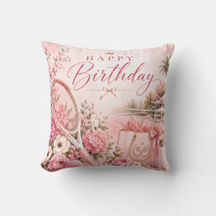 Rosa Tennis Happy Birthday Floral Wasserfarbe Kissen