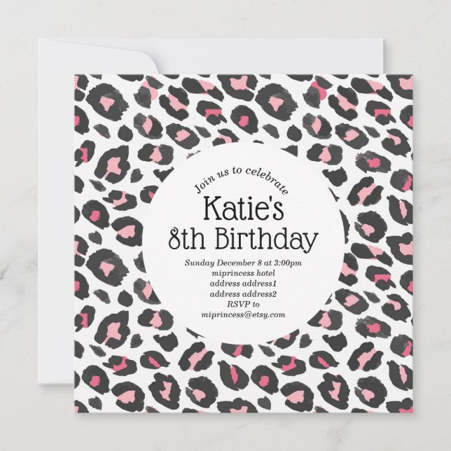 Rosa Tierprint, Leopard, Geparden Geburtstag Einladung (Vorderseite)