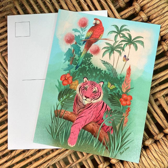 Rosa Tiger und tropischer Parrot-Dschungel Postkarte (Von Creator hochgeladen)