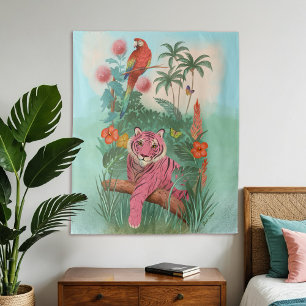 Rosa Tiger und tropischer Parrot-Dschungel Wandteppich