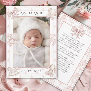 Rosa Toile Elegante Geburtsanzeige für Baby Mädche Einladung