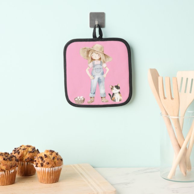 Rosa Topflappen mit Mädchen und Katze (Insitu (Hängend))