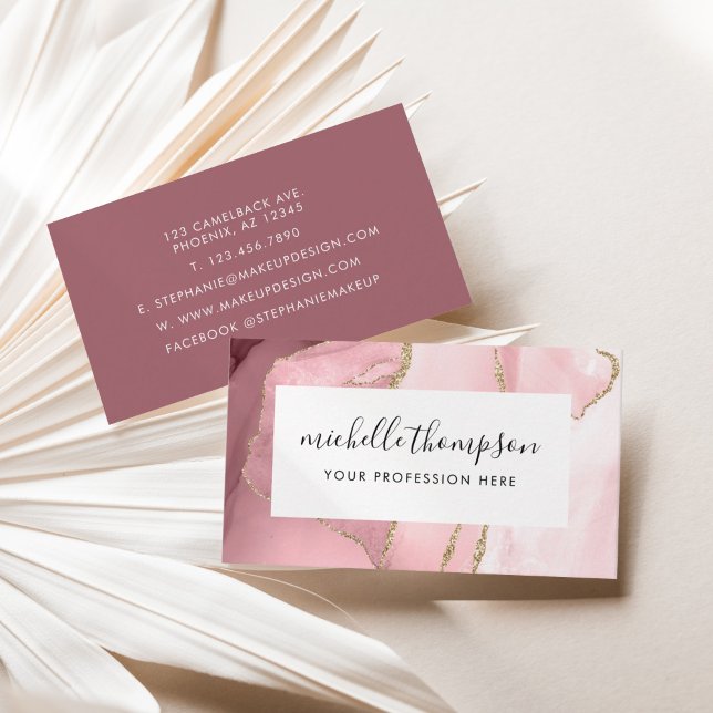 Rosa Tor & Rose Goldbord Farbe Visitenkarte (Blush Pink Agate & Rose Gold Border Watercolor Business Card)