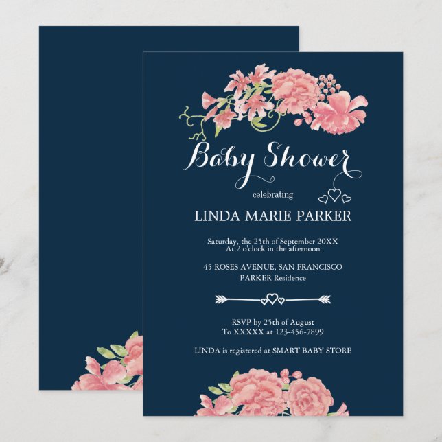 Rosa Torfbäume, blau bläulich elegante Babydusche Einladung (Vorne/Hinten)