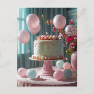 Rosa Torte und Luftballons Postkarte