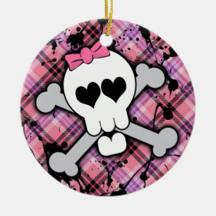 Rosa Totenkopf mit gekreuzter Knochen mit Herzen Keramikornament
