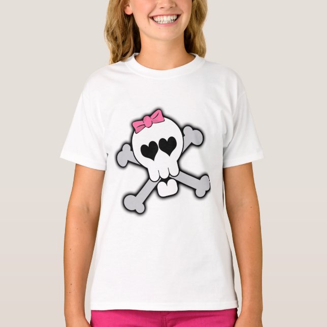 Rosa Totenkopf mit gekreuzter Knochen mit Herzen T-Shirt (Vorderseite)