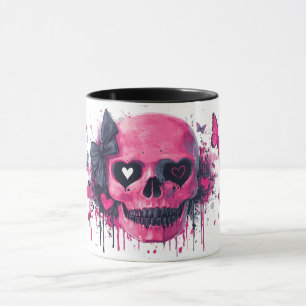 Rosa Totenkopf mit Schmetterlingen und Herzen Tasse
