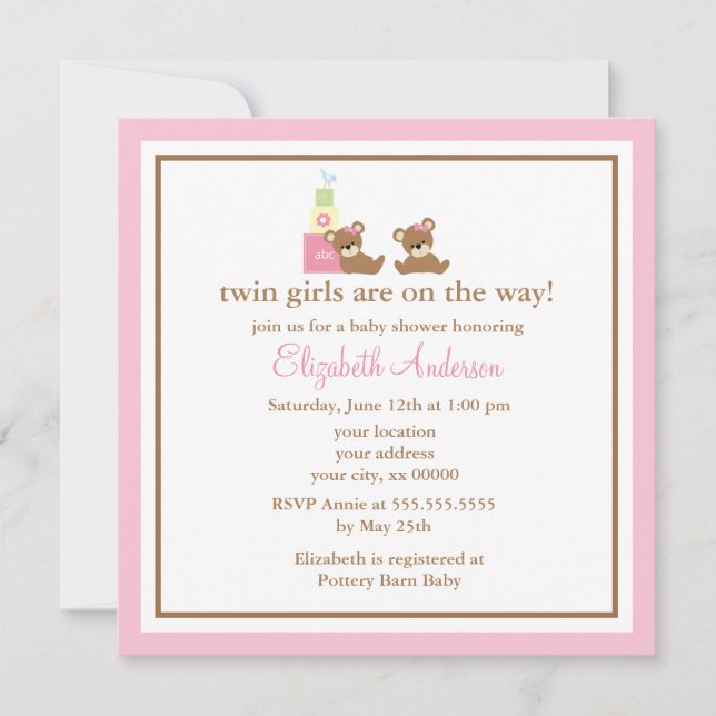 Rosa trägt Zwillings-Babyparty Einladung (Vorderseite)