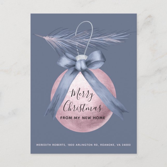 Rosa Tree Ornament Dusty Blue Holiday Moving Ankündigungspostkarte (Vorderseite)