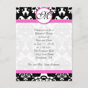 Rosa Trim Black Damask Probe Dinner Einladungspostkarte